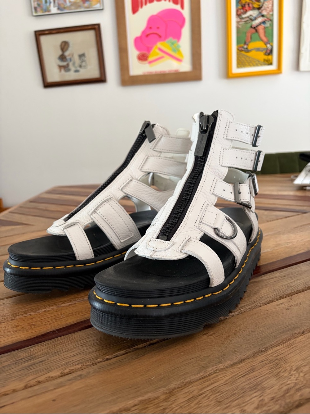 Dr. Martens White Leather Gladiator Sandals with Black Sole
